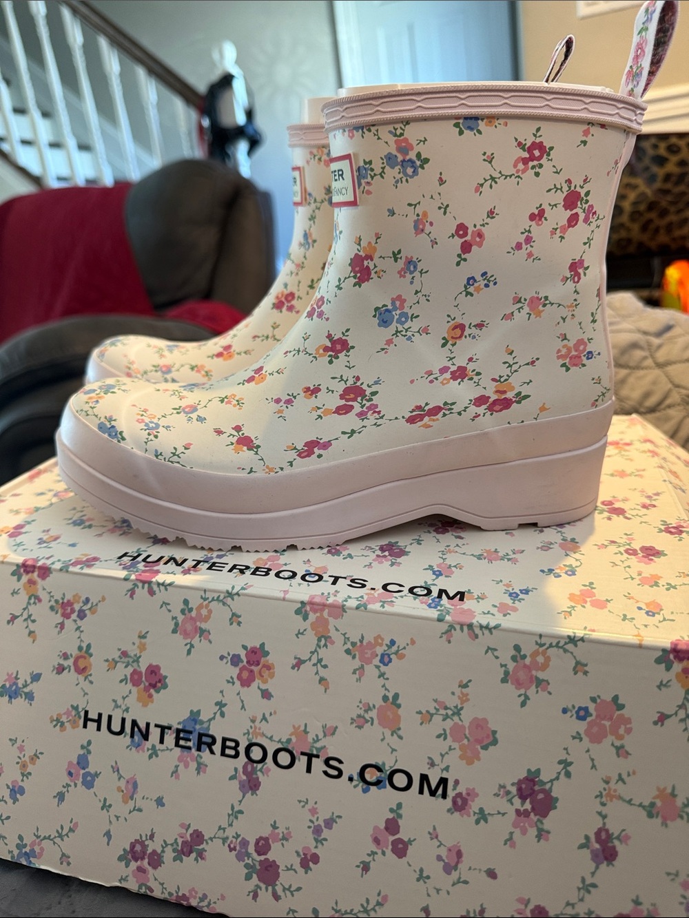Hunter Floral Rain Boots - White with Pink & Blue Flowers